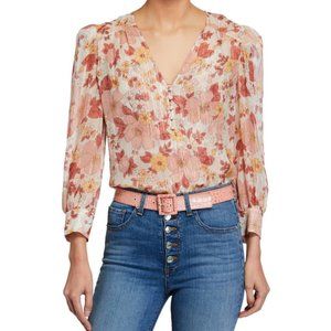 Veronica Beard Milan Floral Metallic Button-Front Top Size 6